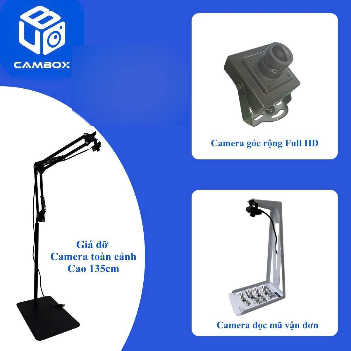 Bộ camera đóng gói Full HD 1080p: camera góc rộng Full HD, camera soi mã vận đơn và giá đỡ camera toàn cảnh cao 135cm